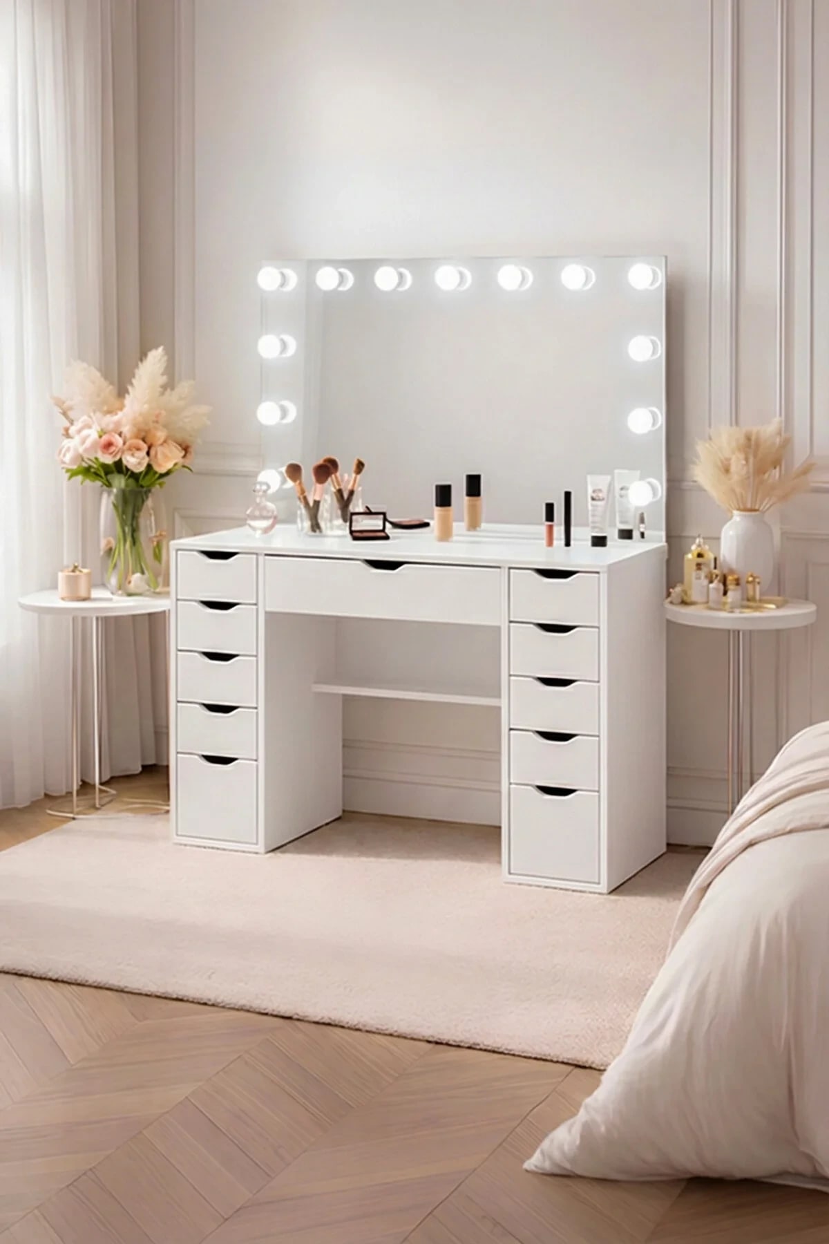 Diva Takı Düzenleyicili Full Hollywood Led Işıklı 11 Çekmeceli Makyaj Masası Düz Beyaz