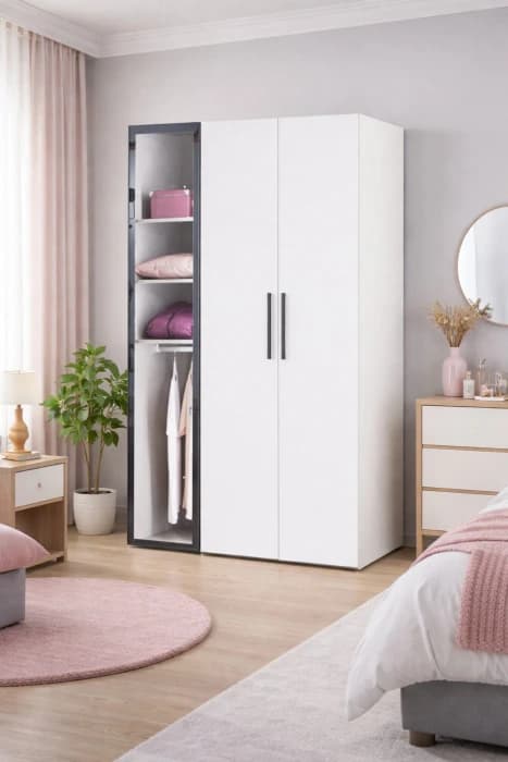 Diva 3 Kapaklı Beyaz Dolap 5 Raflı Cam Kapaklı Geniş Gardırop Elbise Dolabı DV-303