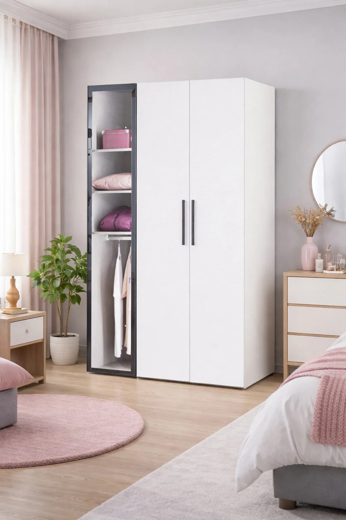 Diva 3 Kapaklı Beyaz Dolap 5 Raflı Cam Kapaklı Geniş Gardırop Elbise Dolabı DV-303