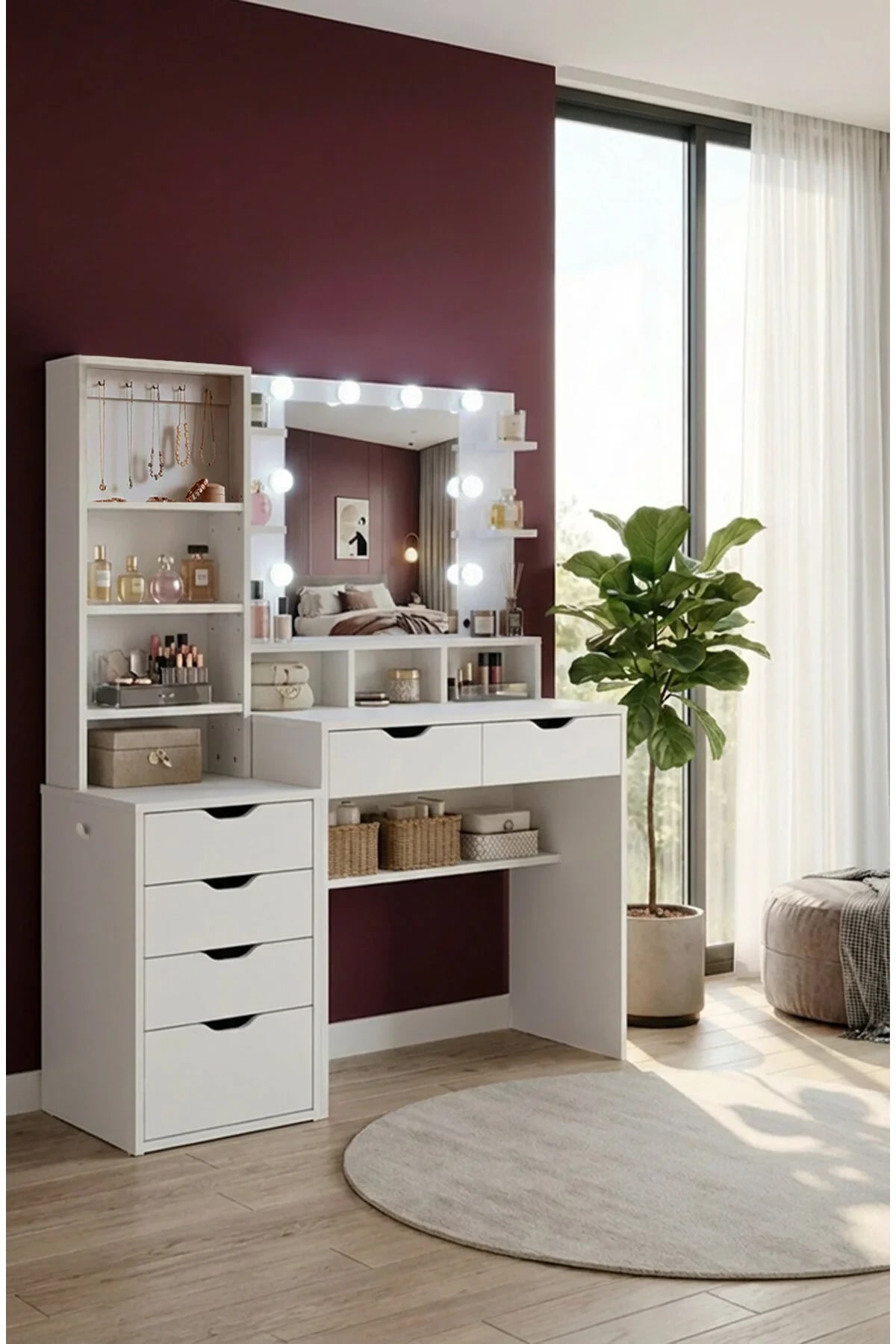 Diva 4 Raflı Hollywood Led Işıklı Ayna 2 Çekmeceli Makyaj Masası + Takılık Düz Beyaz