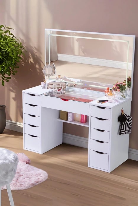 Diva Cam Tablalı Full Led Dokunmatik Aynalı 11 Çekmeceli Kulis Makyaj Masası (Düz Beyaz)