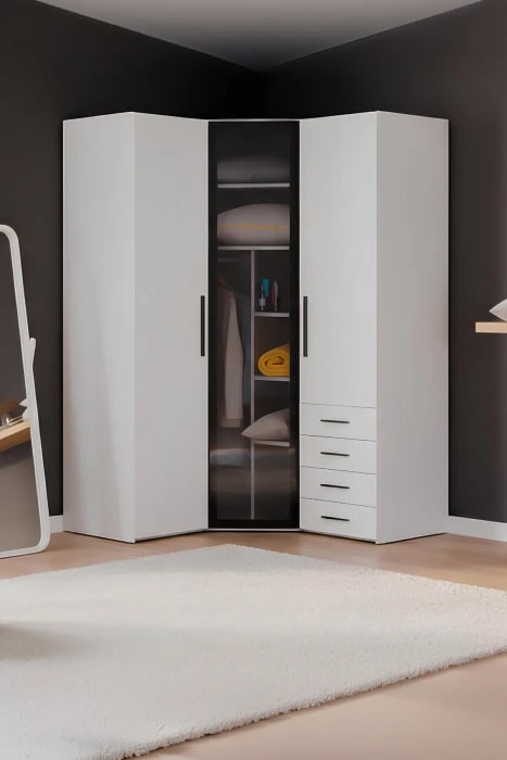 Diva 3 Kapaklı Beyaz Dolap 11 Raflı Çekmeceli Cam Kapaklı Köşe Geniş Gardırop Elbise Dolabı DV-808