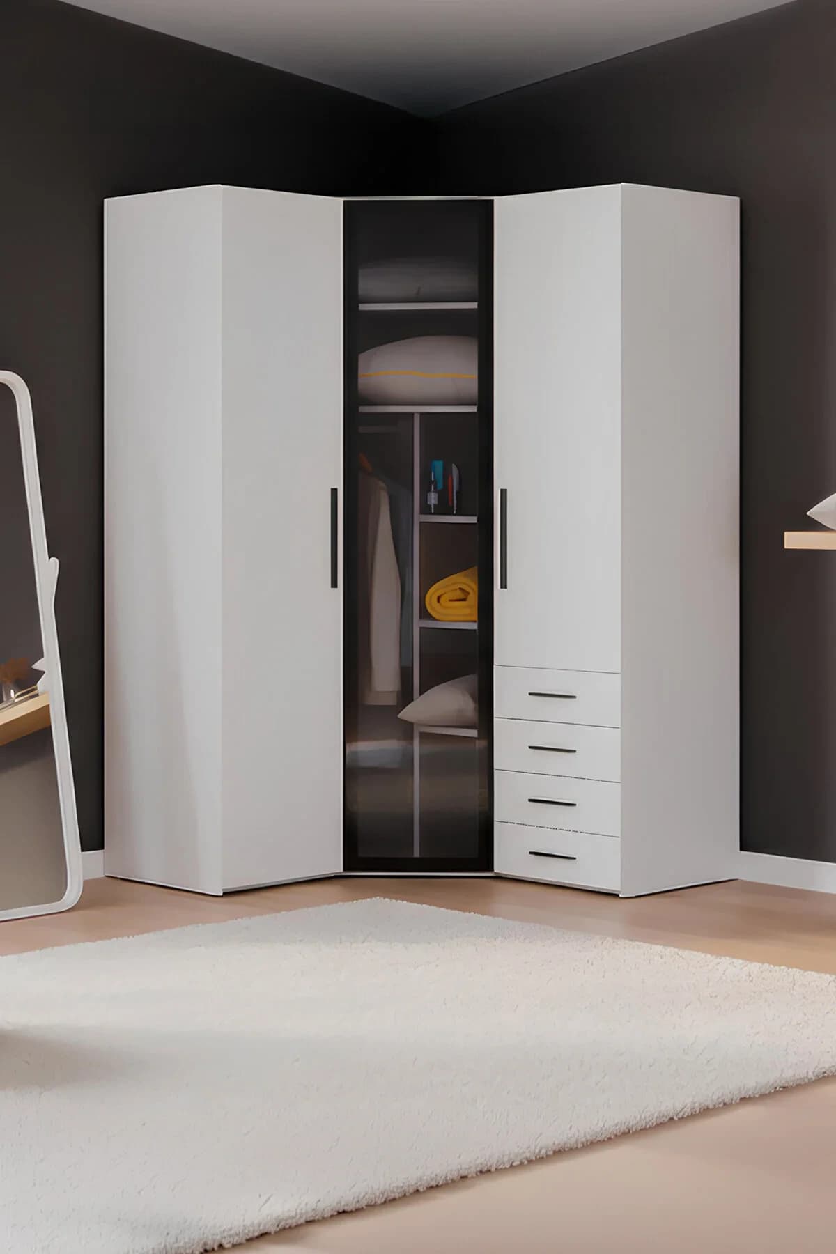 Diva 3 Kapaklı Beyaz Dolap 11 Raflı Çekmeceli Cam Kapaklı Köşe Geniş Gardırop Elbise Dolabı DV-808