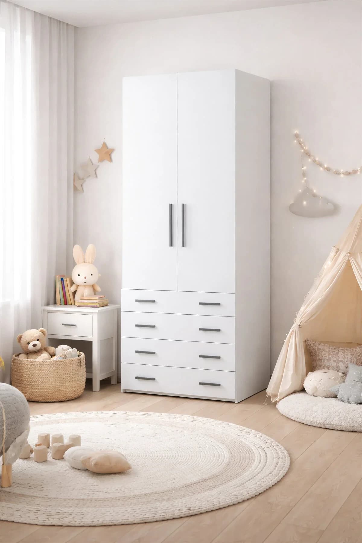 Diva 2 Kapaklı Beyaz Dolap 2 Raflı Çekmeceli Geniş Gardırop Elbise Dolabı DV-207