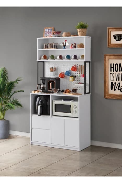 Diva Kahve Köşesi Kapaklı Çekmeceli Kupa Askılı Çok Amaçlı Airfryer Mikrodalga Mutfak Dolabı Beyaz