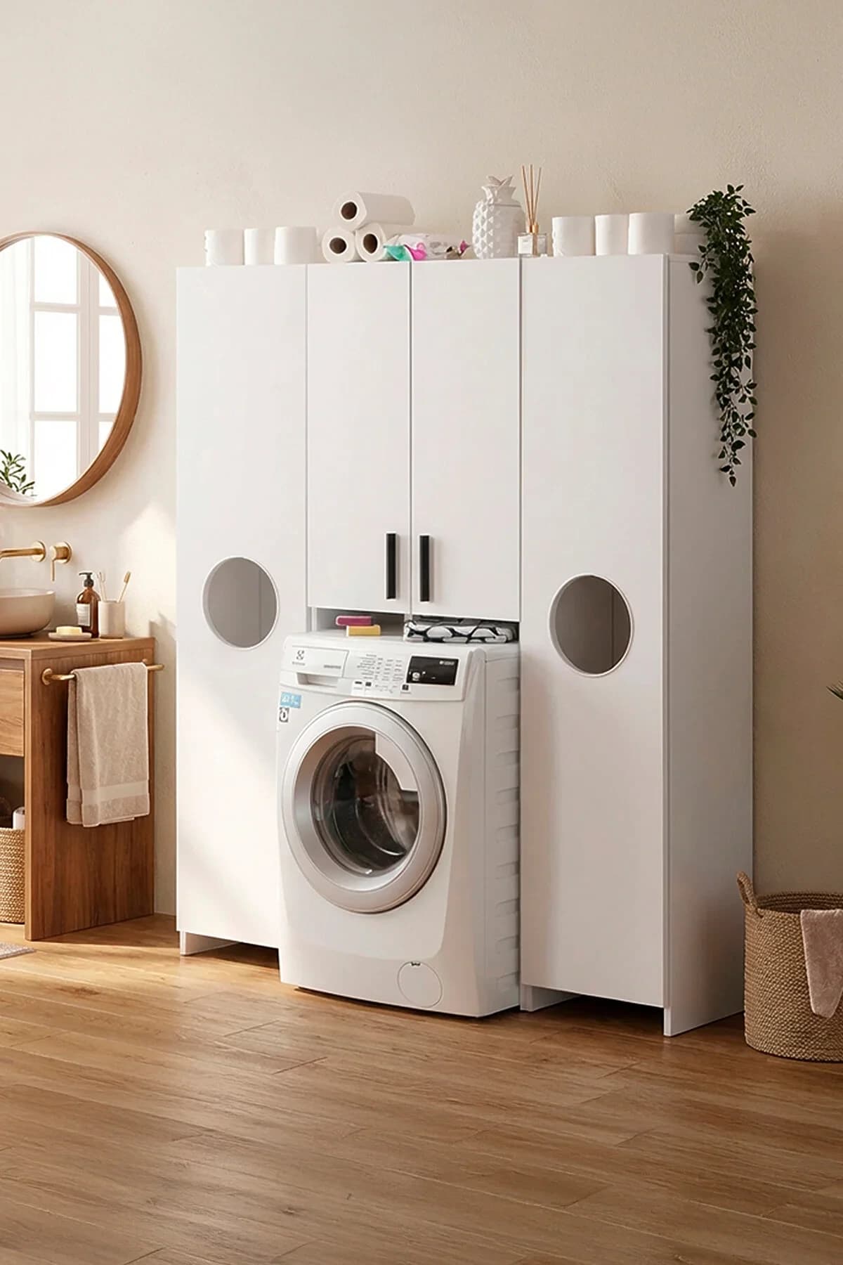 Diva Çamaşır Makinesi Ve 2 Kapaklı Kirli Dolabı Raflı Banyo Dolabı Çok Amaçlı Dolap