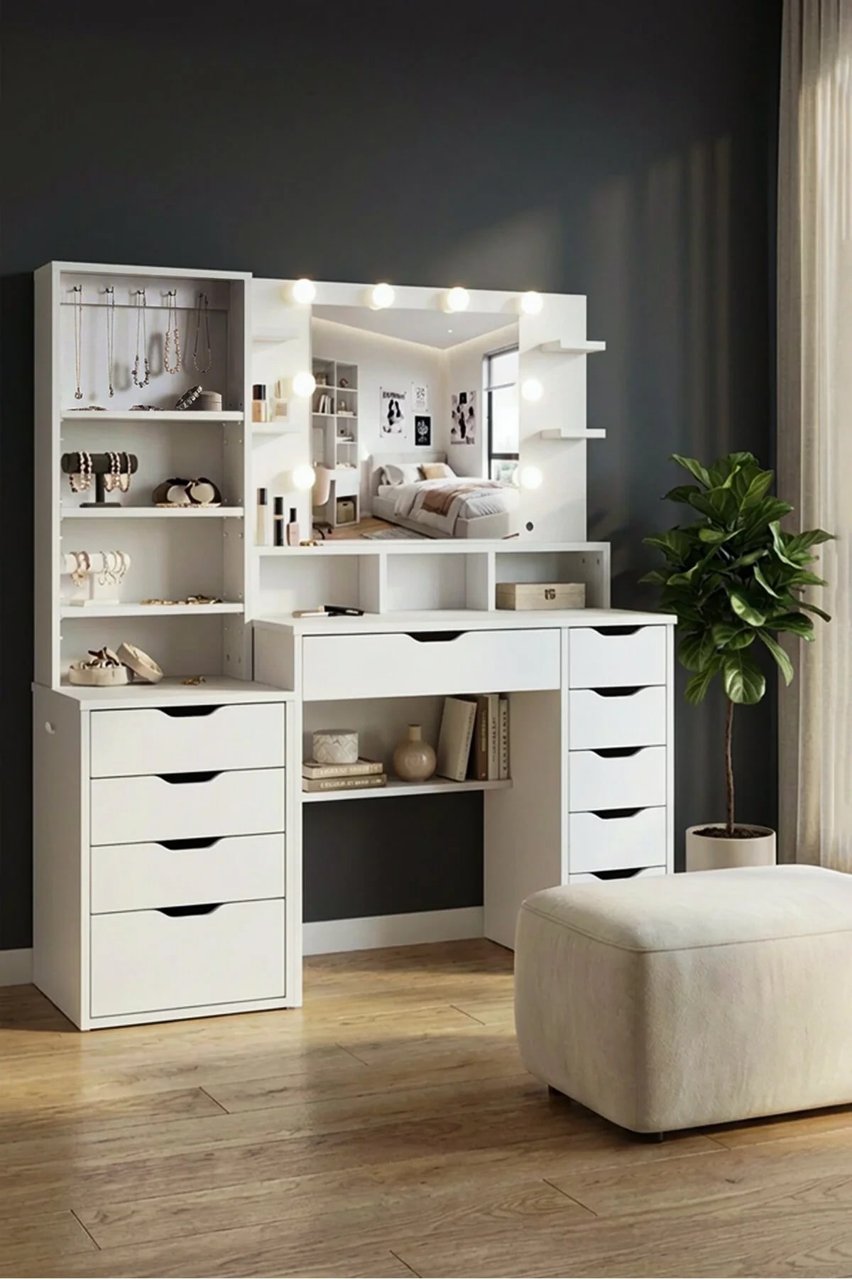 Diva 4 Raflı Hollywood Led Işıklı Ayna 6 Çekmeceli Makyaj Masası + Takılık Düz Beyaz