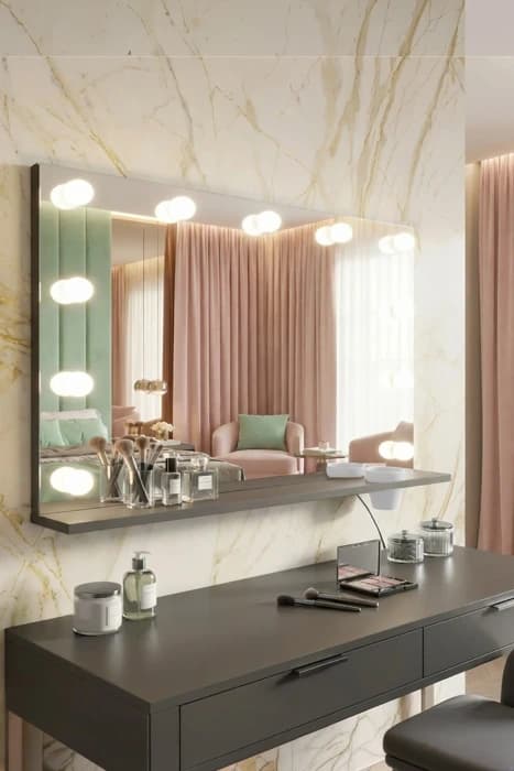 Diva Full Hollywood Raflı Led Işıklı Ayna Antrasit Gri
