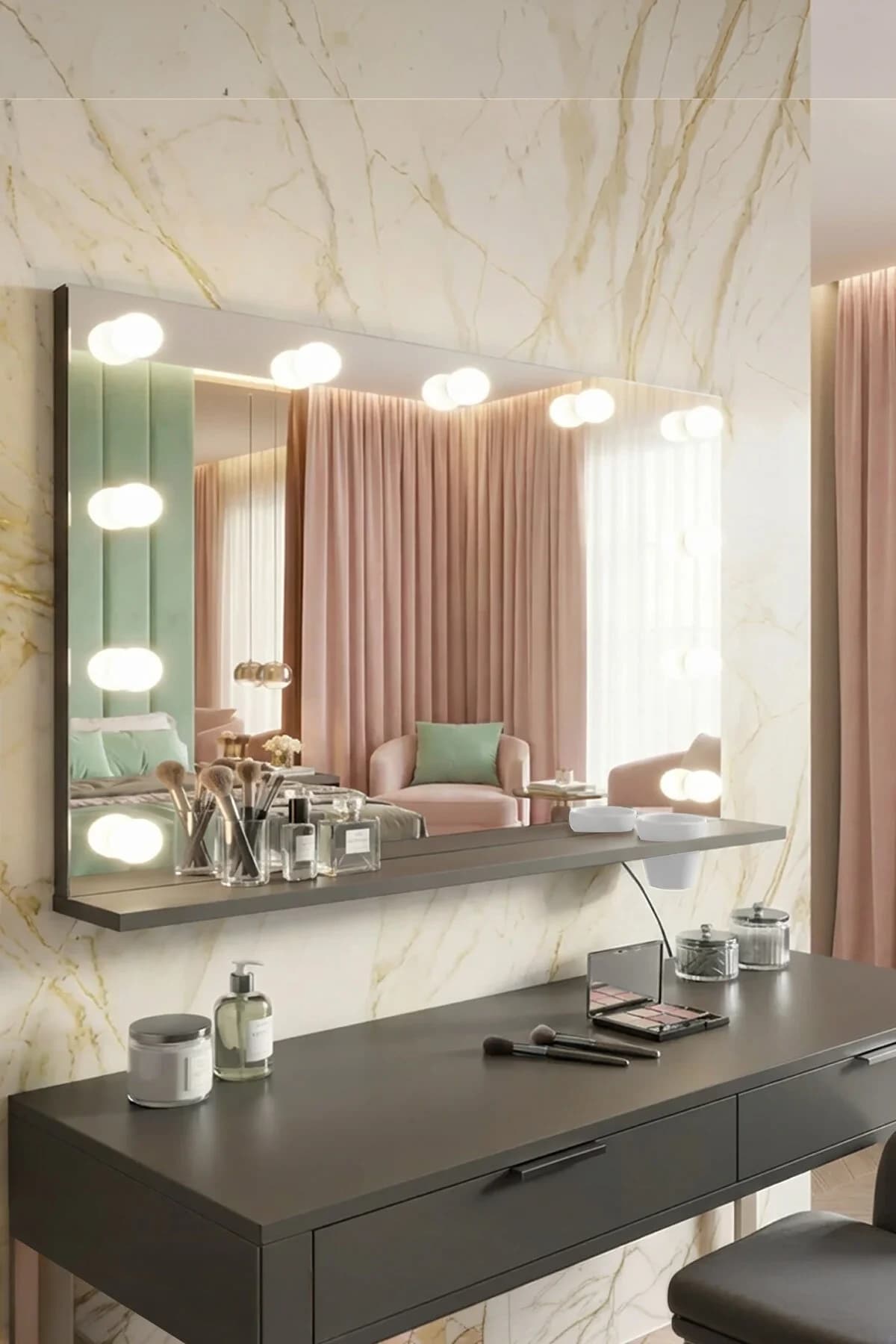 Diva Full Hollywood Raflı Led Işıklı Ayna Antrasit Gri