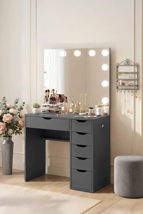 Diva Full Hollywood Led Işıklı Aynalı 6 Çekmeceli Kulis Makyaj Masası Antrasit Gri