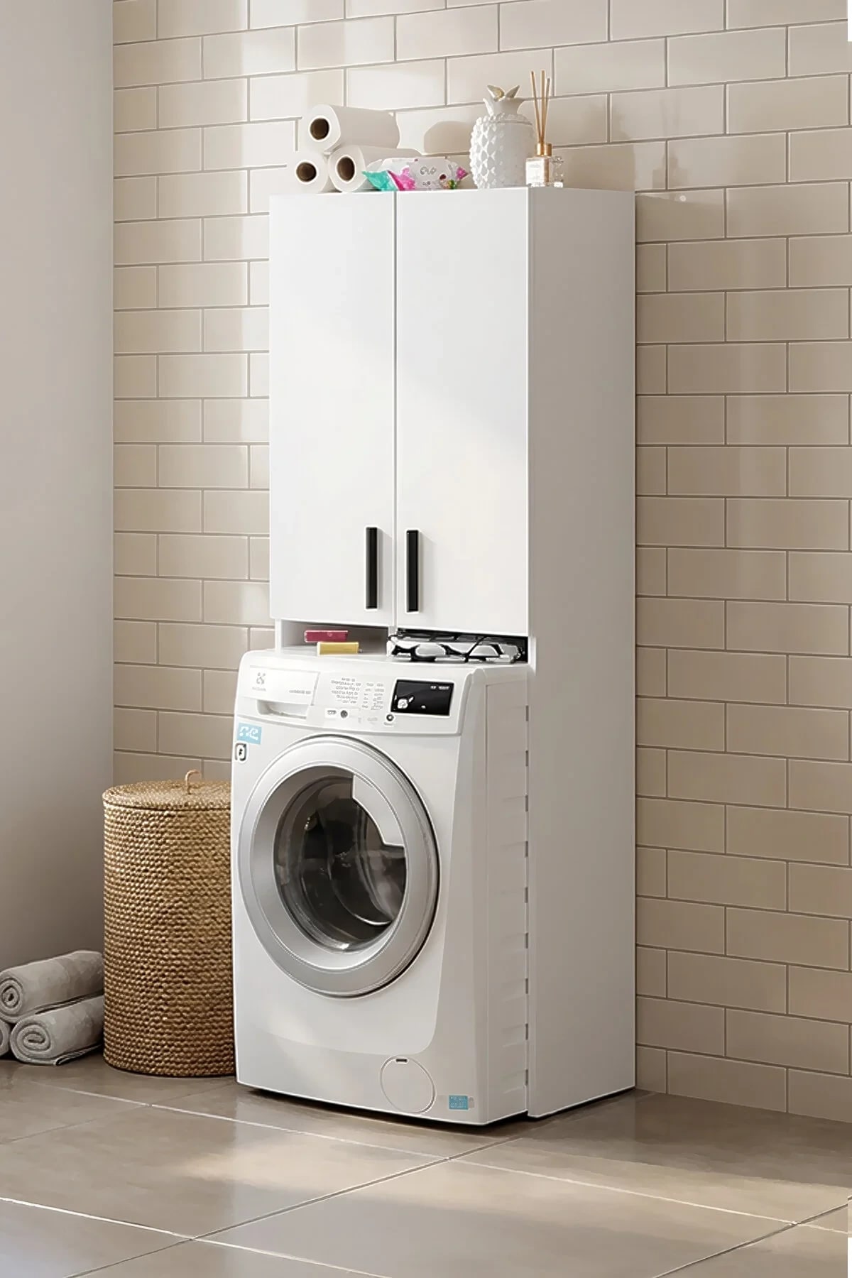 Diva Çamaşır Makinesi Kirli Dolabı Kapaklı Banyo Dolabı Çok Amaçlı Dolap