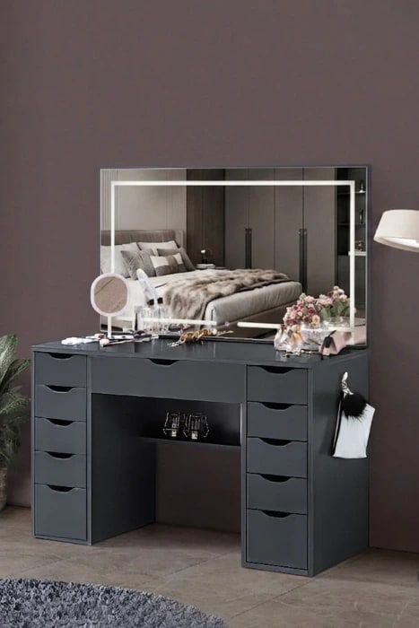 Diva Takı Düzenleyicili Full Led Dokunmatik Aynalı 11 Çekmeceli Kulis Makyaj Masası Antrasit Gri