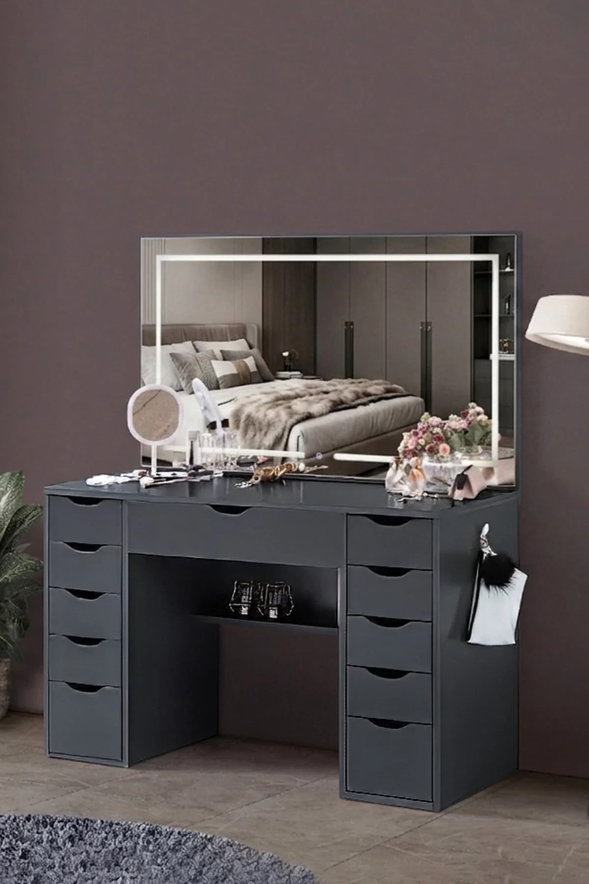 Diva Takı Düzenleyicili Full Led Dokunmatik Aynalı 11 Çekmeceli Kulis Makyaj Masası Antrasit Gri