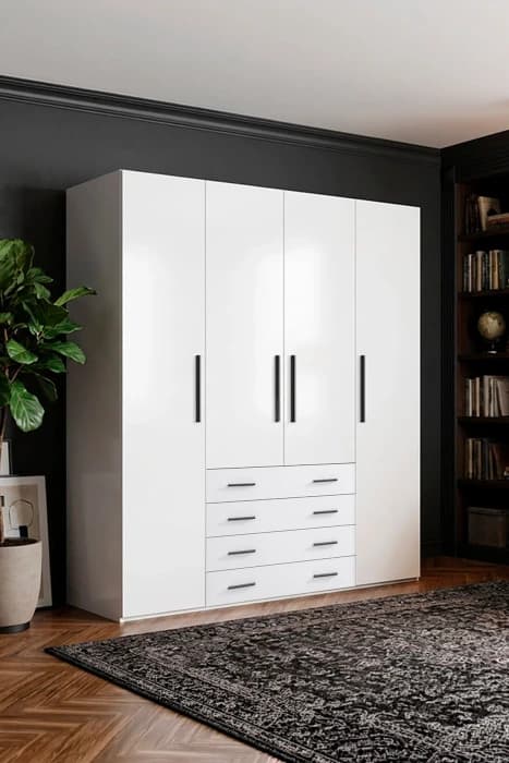 Diva 4 Kapaklı Beyaz Dolap 8 Raflı Çekmeceli Geniş Gardırop Elbise Dolabı DV-438