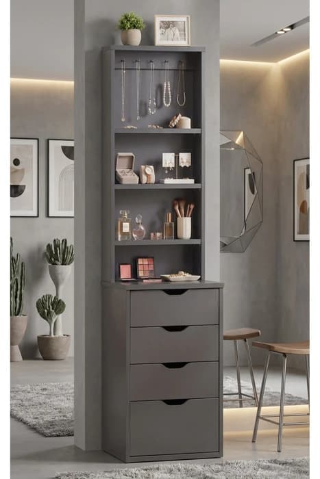 Diva 4 Çekmeceli 3 Raflı Takılıklı Aksesuar Dolabı Antrasit Gri