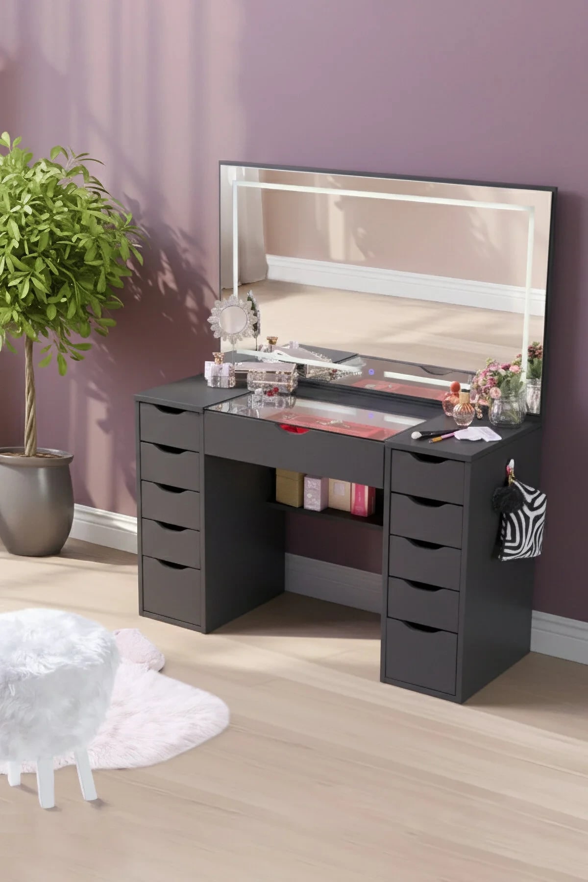 Diva Cam Tablalı Full Led Dokunmatik Aynalı 11 Çekmeceli Kulis Makyaj Masası Antrasit Gri