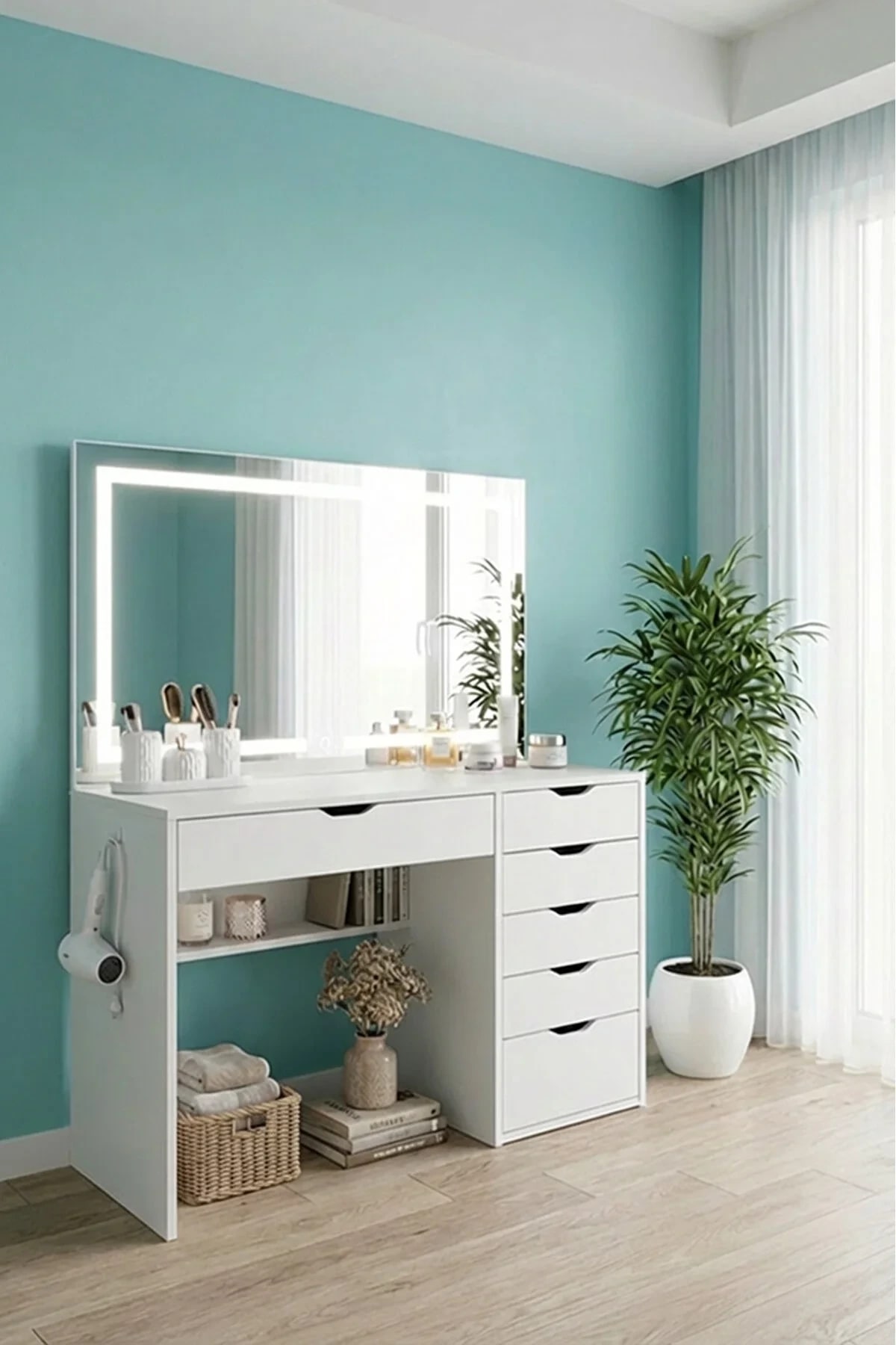 Diva Takı Düzenleyicili 120 Lik Full Akıllı Led Işıklı 6 Çekmeceli Makyaj Masası Düz Beyaz