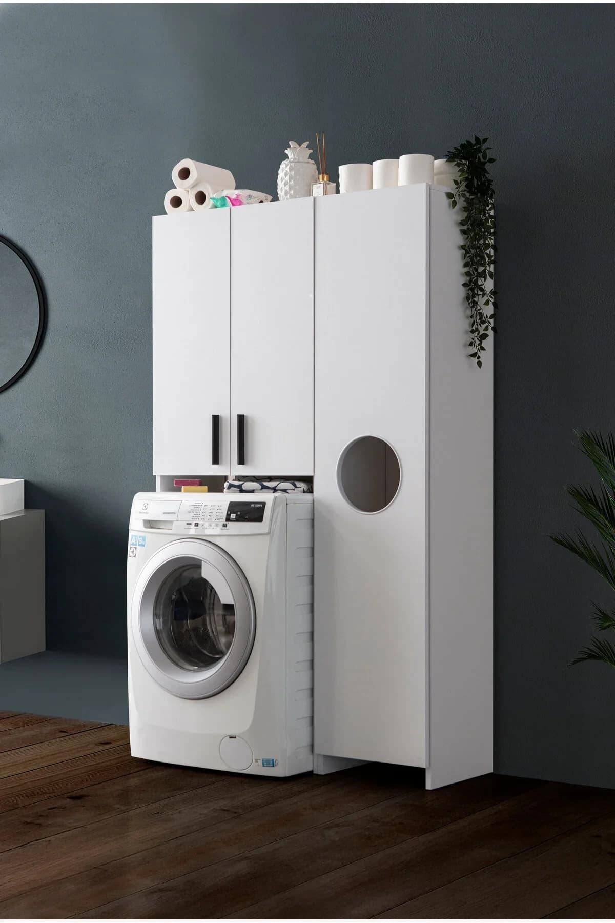 Diva Çamaşır Makinesi Dolabı Ve Kirli Dolabı Kapaklı Raflı Banyo Dolabı Çok Amaçlı Dolap