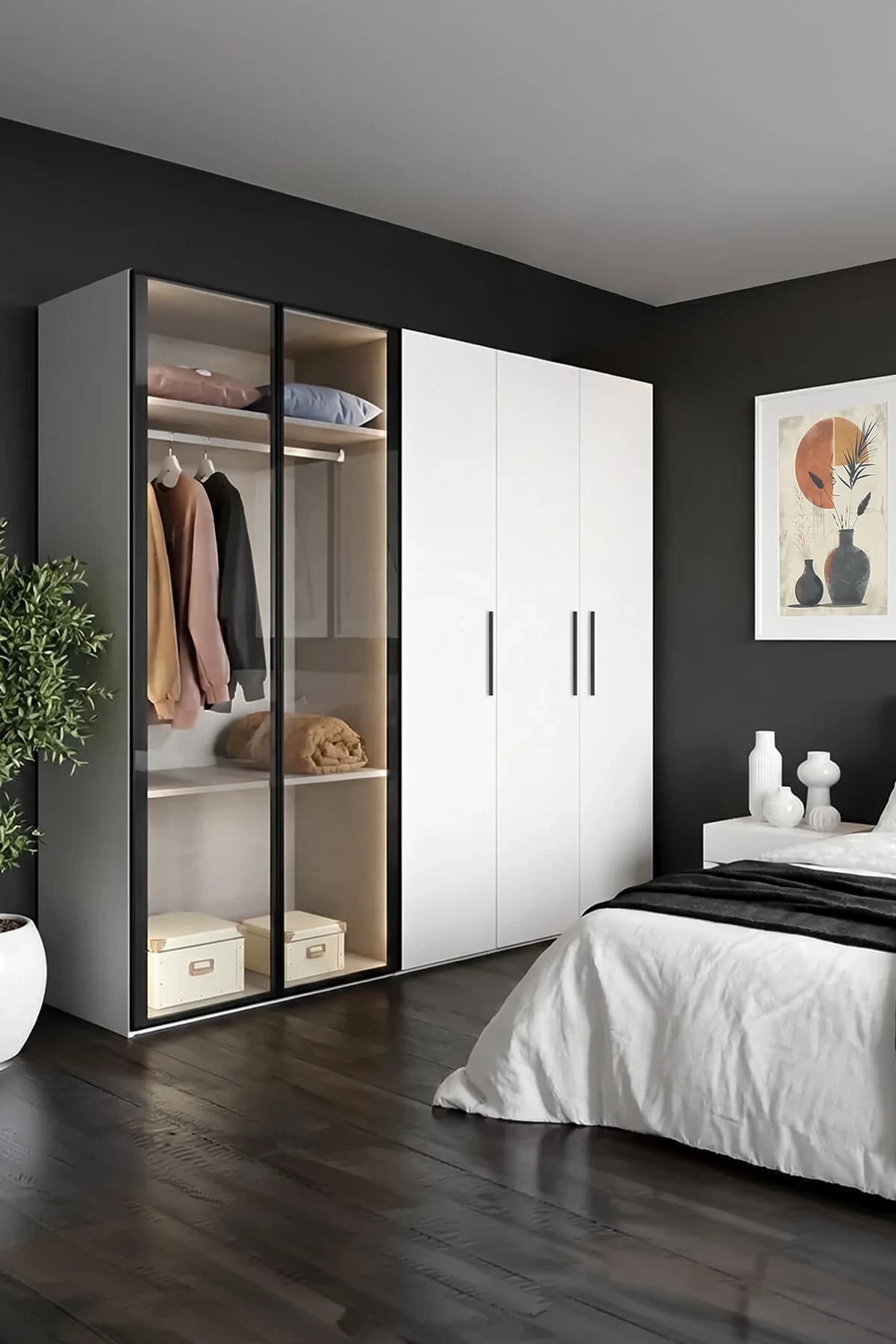 Diva 5 Kapaklı Beyaz Dolap 7 Raflı Cam Kapaklı Geniş Gardırop Elbise Dolabı DV-504